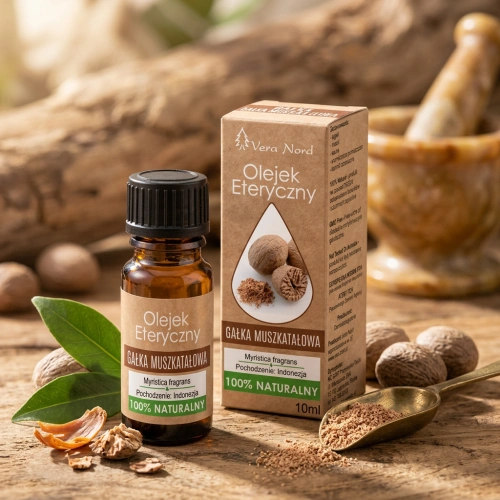 Vera Nord olejek eteryczny Gałka muszkatołowa 10 ml. 100% naturalny i organiczny. Poprawia krążenie i ciśnienie krwi.Pomaga w leczeniu stresu. Posiada działanie przeciwzapalne, antyseptyczne i bakteriobójcze.