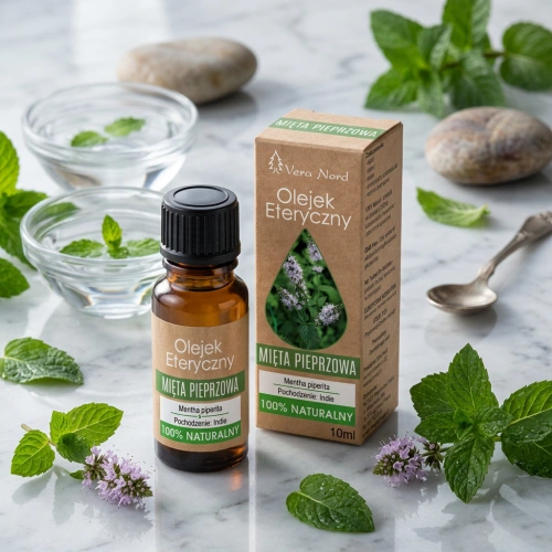 Vera Nord olejek eteryczny Mięta pieprzowa 10 ml. 100% naturalny i organiczny. Poprawia mikrokrążenie, działa przeciwzapalnie, nie zatyka porów, reguluje pracę gruczołów łojowych. Jest zalecany przy nudnościach, chorobie lokomocyjnej, grypie, kaszlu.