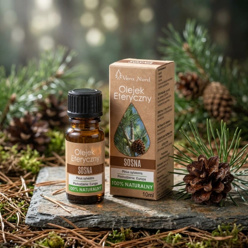 Vera Nord olejek eteryczny Sosna 10 ml. 100% naturalny i organiczny. Łagodzi infekcje dróg oddechowych, zapalenie zatok, katar, ból gardła, kaszel, gorączkę, dolegliwości okresu menopauzy. Zwiększa odporność organizmu.