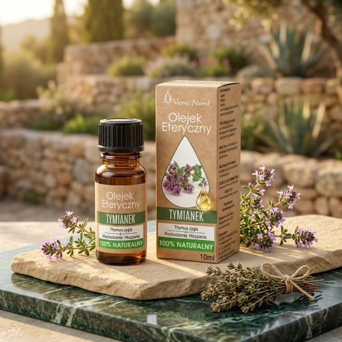 Vera Nord olejek eteryczny Tymianek 10 ml. 100% naturalny i organiczny. Działa przeciwbólowo, rozkurczowo, łagodzi schorzenia dróg oddechowych. Polecany przy bezsenności. Podnosi ciśnienie krwi. Poprawia trawienie i krążenie krwi.