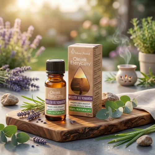 Vera Nord olejek eteryczny Wieczór bez komarów 10 ml. 100% naturalny i organiczny. Dzięki naturalnym właściwościom mieszanka doskonale odstrasza owady.