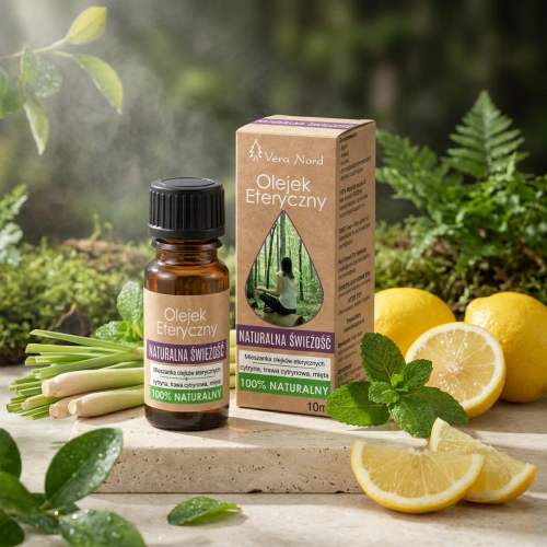 Vera Nord olejek eteryczny Naturalna Świeżość 10 ml. 100% naturalny i organiczny. Cytryna nadaje lekką nutę ożywienia, trawa cytrynowa delikatnie słodzi zapach a mięta dopełnia kompozycje swą świeżością.