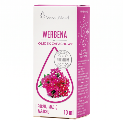 Vera Nord olejek zapachowy Werbena 10 ml.  Ładny, intensywny zapach. Głównym zastosowaniem Naszego olejku jest aromatyzacja pomieszczeń, kominki ceramiczne, nawilżacze powietrza, dyfuzory ultrasoniczne, odkurzacze wodne, produkcja kosmetyków.