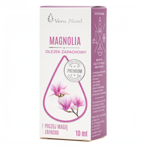 Vera Nord olejek zapachowy Magnolia 10 ml.  Ładny, intensywny zapach. Głównym zastosowaniem Naszego olejku jest aromatyzacja pomieszczeń, kominki ceramiczne, nawilżacze powietrza, dyfuzory ultrasoniczne, odkurzacze wodne, produkcja kosmetyków.