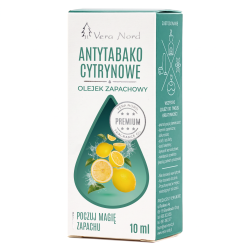 Vera Nord olejek zapachowy Antytabako Cytrynowe 10 ml.  Ładny, intensywny zapach. Głównym zastosowaniem Naszego olejku jest aromatyzacja pomieszczeń, kominki ceramiczne, nawilżacze powietrza, dyfuzory ultrasoniczne, odkurzacze wodne, produkcja kosmetyków.