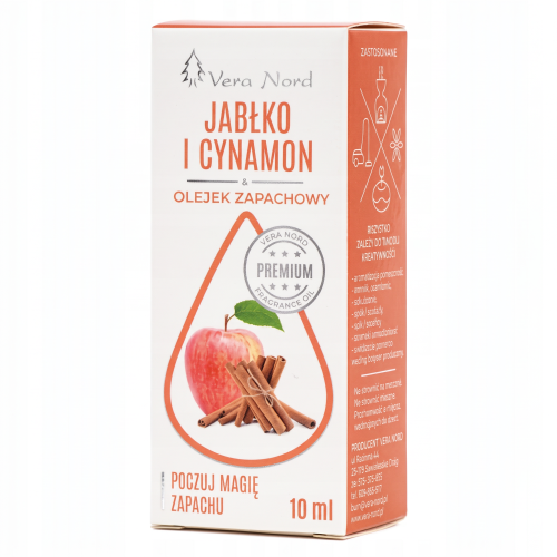 Vera Nord olejek zapachowy Jabłko i Cynamon 10 ml.  Ładny, intensywny zapach. Głównym zastosowaniem Naszego olejku jest aromatyzacja pomieszczeń, kominki ceramiczne, nawilżacze powietrza, dyfuzory ultrasoniczne, odkurzacze wodne, produkcja kosmetyków.